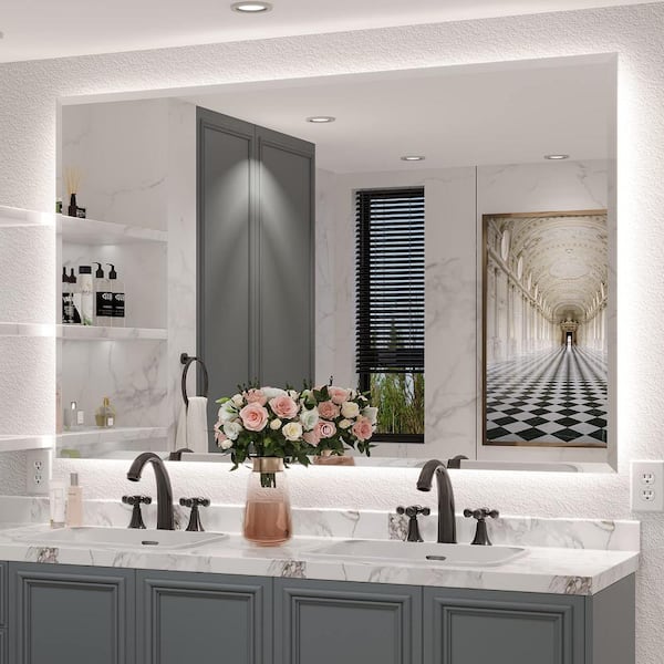 grossag 55 in. W x 36 in. H Rectangular Frameless Backlit Wall Mounted Dimmable Anti-Fog Bathroom Vanity Mirror in Sliver