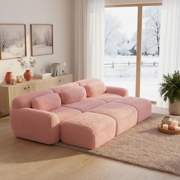 114.7 in. 6-Seat Plush Microfiber Modular Sectional Sofa with Ottoman and Deep Cushions and Non-Slip Base in Coral Blush