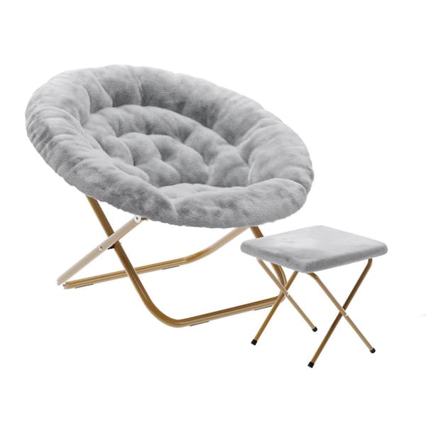 Carnegy Avenue Gwen 38 in. Oversize Faux Fur Folding Saucer Moon Side Chair with Folding Ottoman Gray Faux Fur/Soft Gold Frame