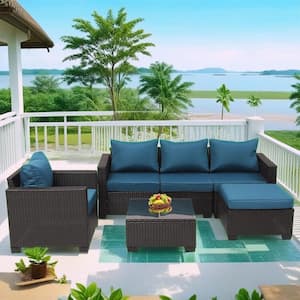 6-Piece Dark Brown Rattan Wicker Patio Conversation Set Sectional Sofa Set with Cushions in Peacock Blue