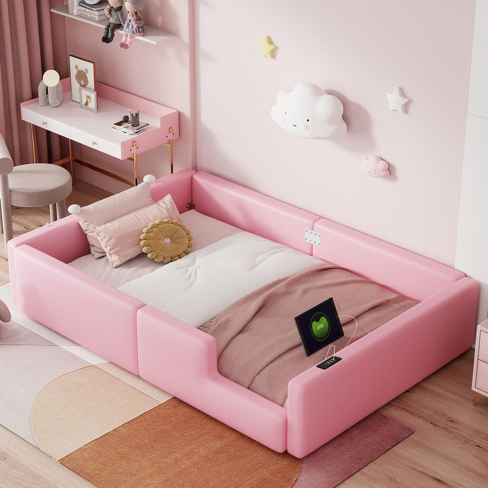Pink Twin Wood Low Profile Platform Bed with Upholstered Guardrail and Charging Station