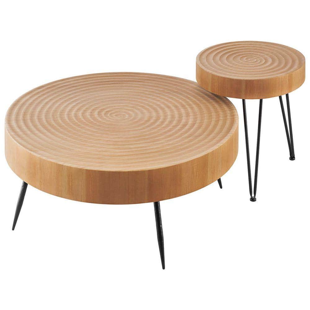 2-Piece Round Coffee Table Set, 31. 3in. Industrial Living Room Table, With 1 End Table, Metal Legs, Easy Assembly