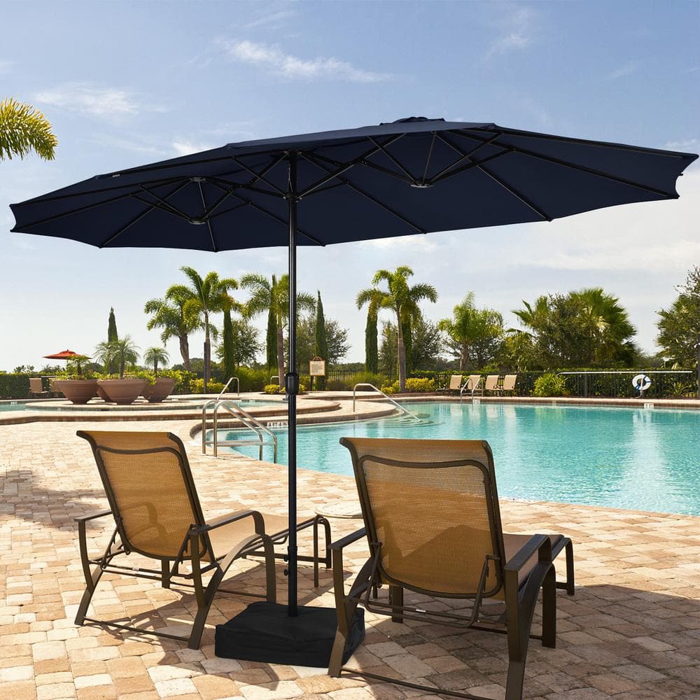 15 ft. Iron Double-Sided Twin Market Patio Umbrella with Crank and Base in Navy price history on PriceWatchPro