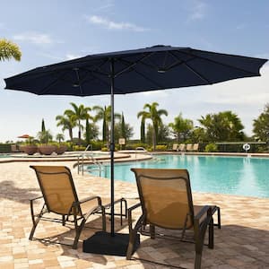 15 ft. Iron Double-Sided Twin Market Patio Umbrella with Crank and Base in Navy