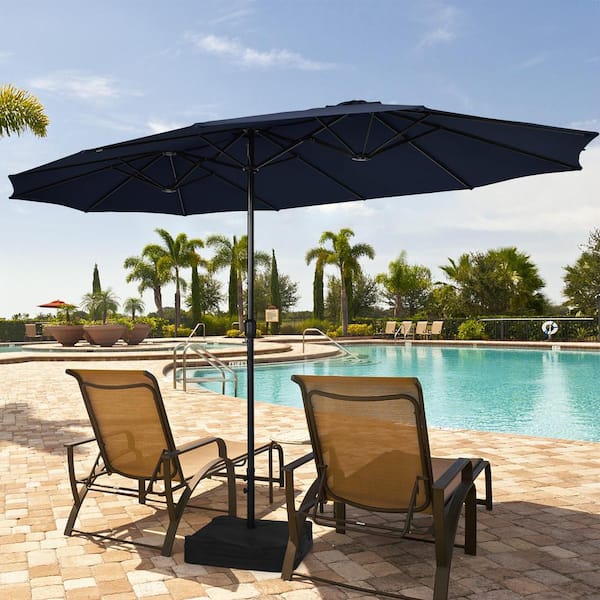 ANGELES HOME 15 ft. Iron Double-Sided Twin Market Patio Umbrella with Crank and Base in Navy