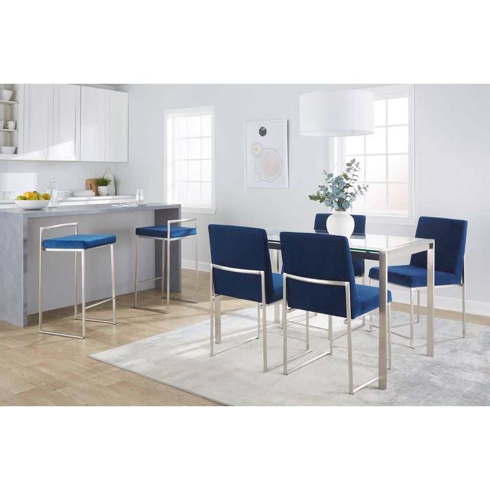 Sleek Stainless Steel Counter Stool with Blue Velvet Cushion - Set of 2