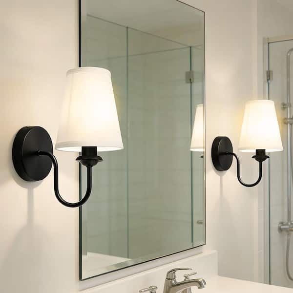10.63 in. 1-Light Black Indoor Wall Sconce Light with Linen Beige Fabric Shade (Set of 2) for Toilet, Hallway, Staircase