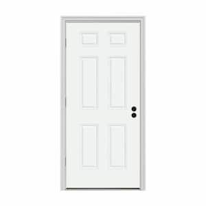 34 in. x 80 in. 6-Panel White Painted Steel Prehung Right-Hand Outswing Front Door w/Brickmould