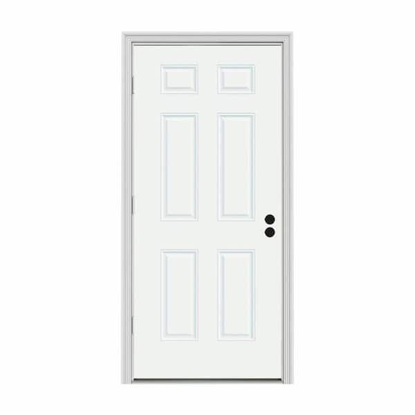 JELD-WEN 34 in. x 80 in. 6-Panel White Painted Steel Prehung Right-Hand Outswing Front Door w/Brickmould