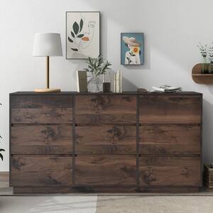 9-Drawers Dark Brown Mid-Century Dresser Modern Chest of Drawer, Wood Drawer Dresser 59 in. L x 15.7 in. W x 31.4 in. H