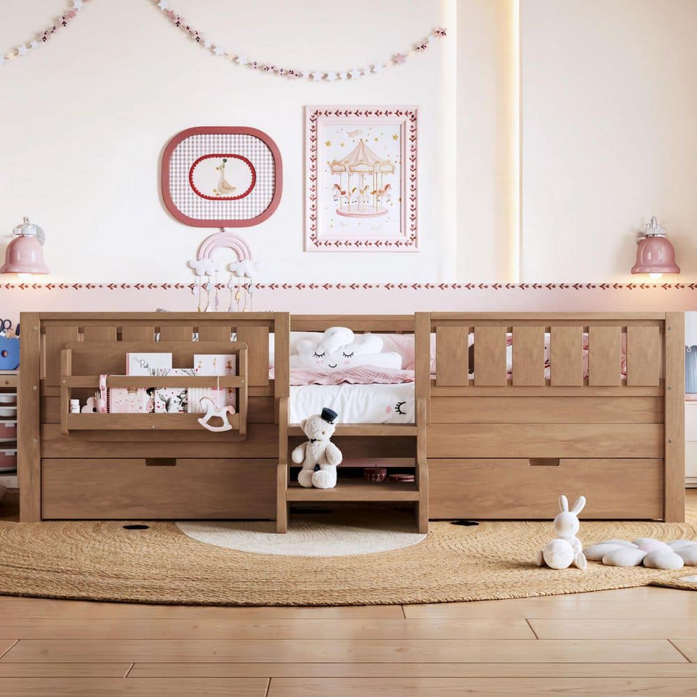 Natural Queen Platform Bed with Safety Staircase and Rails, Built-in Bookshelves and 2 Drawers