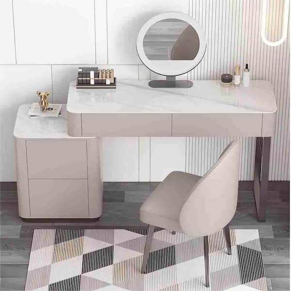 JASIWAY 39.4 in. Gray 2 Drawers Dresser with Mirror, Side Cabinet and Square Chair