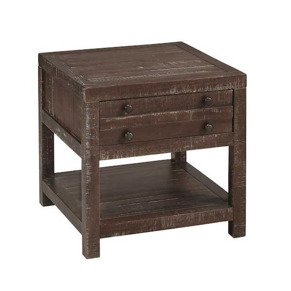 Benjara 24 in. Brown Square Wood End Table with 1-Drawer and 1-Shelf