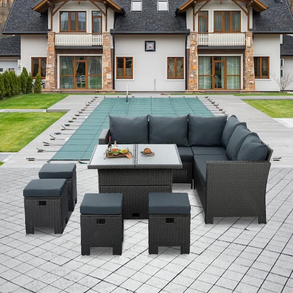 Unbranded 8-Piece Wicker Outdoor Patio Sectional Sofa Set Ottomans and Tempered Glass Coffee Table with Dark Gray Cushions