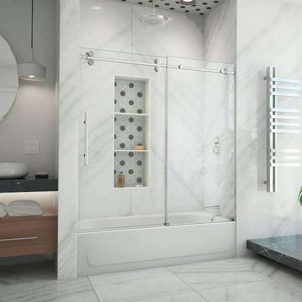 DreamLine Enigma-XO 55-59 in. W x 62 in. H Fully Frameless Sliding Tub Door in Polished Stainless Steel