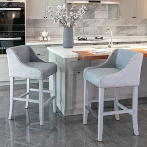 37.70 in. Stone Blue and Gray Wood Frame Barstool with Nail Trim and Leathaire Fabric (Set of 2)