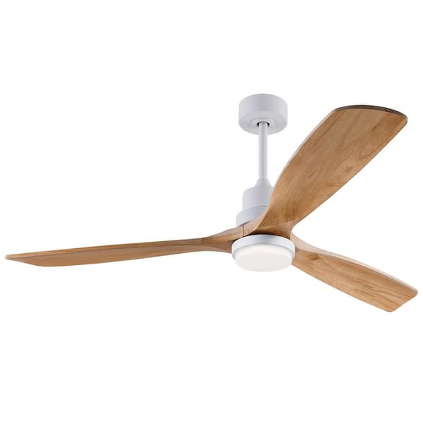 60 in. White Ceiling Fan with Light, 3 Natural Wood Blades, Remote, Reversible DC Motor, Dimmable LED, Downrod Mount