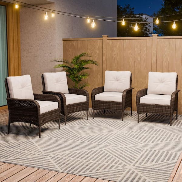 COOS BAY 4-Piece Brown Wicker Patio Outdoor Lounge Chair Dining Chair with Beige Cushions