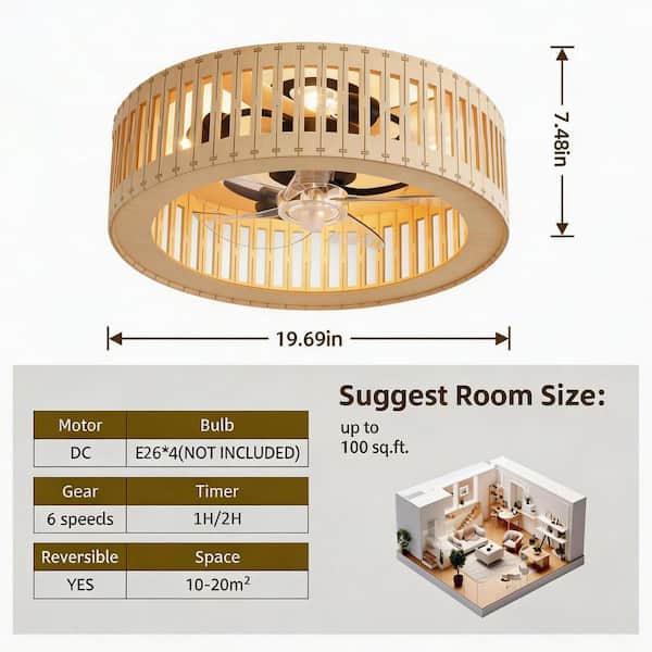 JUSHENG 20 in. Natural Wood Style Caged Flush Mount Ceiling Fan