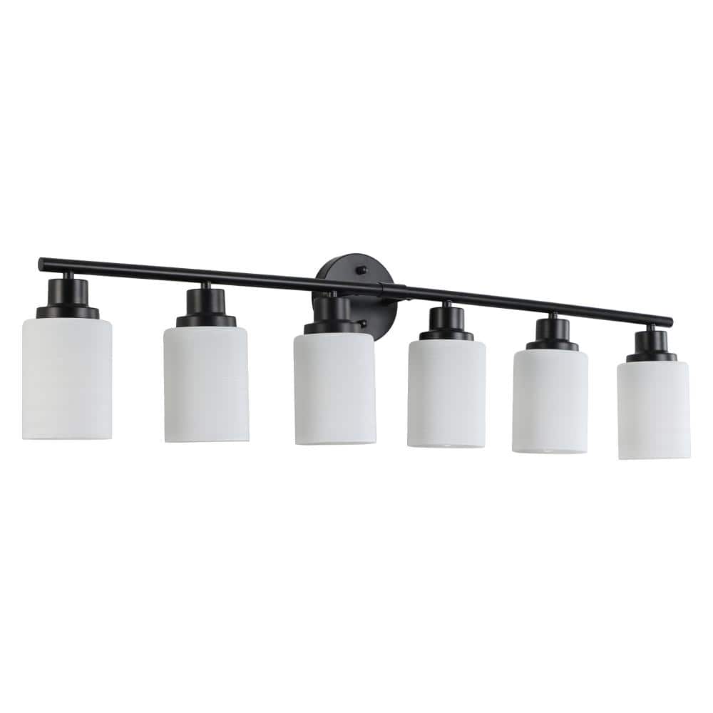 6-Light Black Vanity Light with Cylindrical White Frosted Glass Shades and Iron Frame, E26 Bulbs Not Included price history on PriceWatchPro
