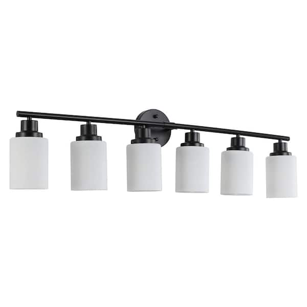 6-Light Black Vanity Light with Cylindrical White Frosted Glass Shades and Iron Frame, E26 Bulbs Not Included