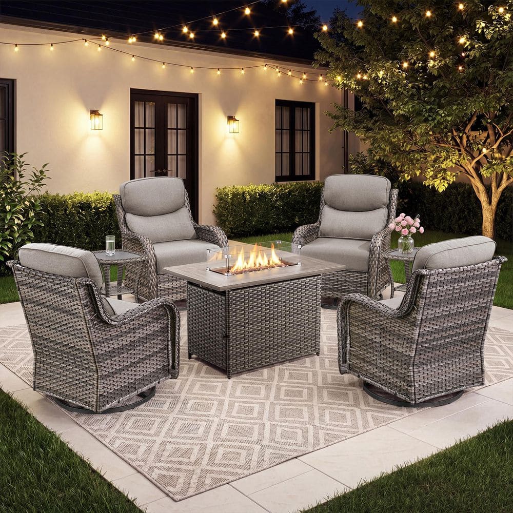 Sialion Gray 7-Piece Patio Conversation Set with 5 in. Gray Cushions, Swivel Glider Chairs and Propane Fire Pit Table price history on PriceWatchPro