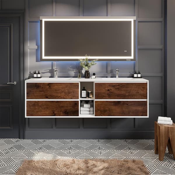Eviva Vienna 75 in. W x 20.5 in. D x 22.5 in. H Floating Double Bathroom Vanity in Rosewood with White Acrylic Top