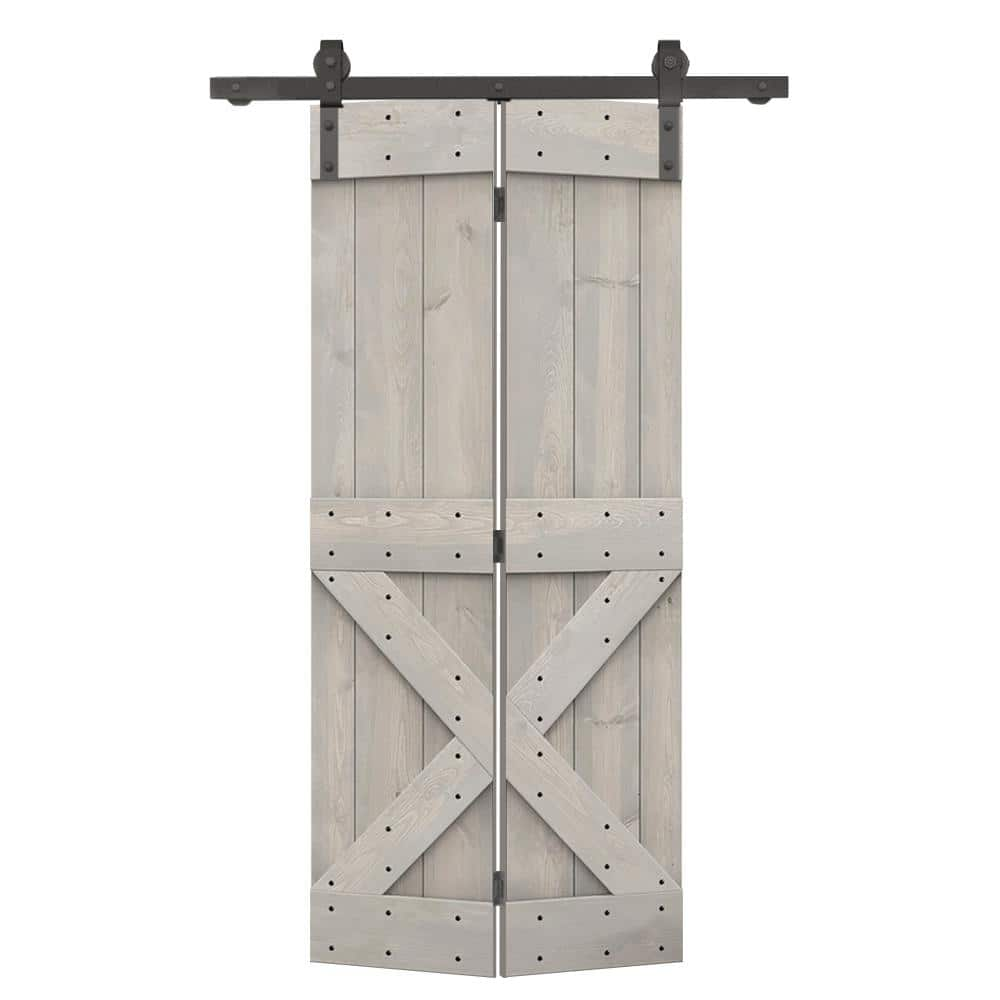 CALHOME 24 in. x 84 in. Mini X Series Silver Gray Stained DIY Wood Bi-Fold Barn Door with Sliding Hardware Kit