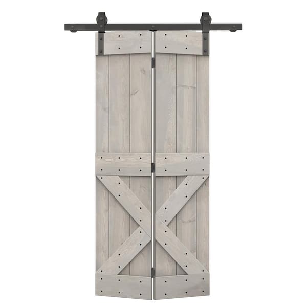CALHOME 32 in. x 84 in. Mini X Series Solid Core Silver Gray Stained DIY Wood Bi-Fold Barn Door with Sliding Hardware Kit