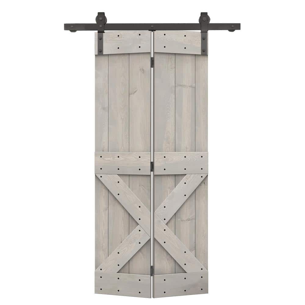 38 in. x 84 in. Silver Gray Stained Pine Wood Bi-Fold Barn Door with Sliding Hardware Kit