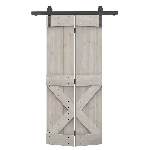 CALHOME 38 in. x 84 in. Mini X Series Solid Core Silver Gray Stained DIY Wood Bi-Fold Barn Door with Sliding Hardware Kit