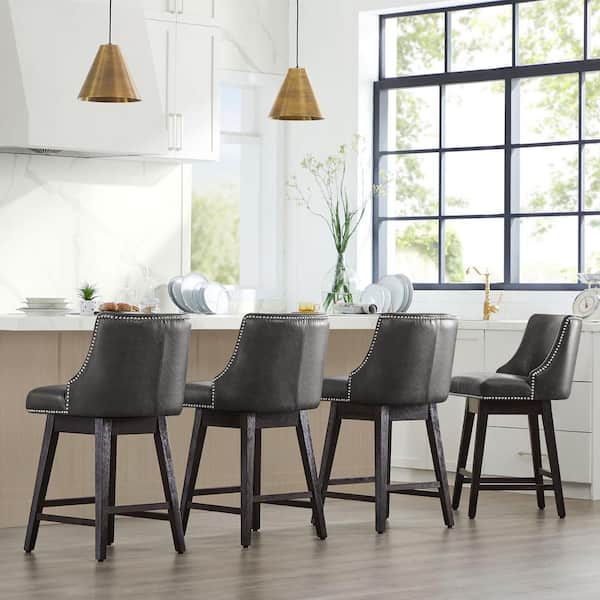 Martin 26 in. Retro Gray High Back Solid Wood Frame Swivel Counter Height Bar Stool with Faux Leather Seat(Set of 2)