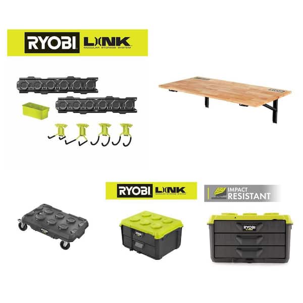 LINK 7-Piece Wall Storage Kit, Folding Workbench Table, Modular Dolly, 2-Drawer and 20 in. 3-Drawer Tool Box Combo