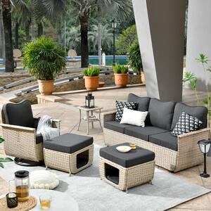 Aphrodite 5-Piece Wicker Patio Conversation Seating Sofa Set with Black Cushions and Swivel Rocking Chairs
