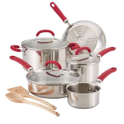 Create Delicious 10-Piece Stainless Steel Cookware Set in Stainless Steel with Red Handles