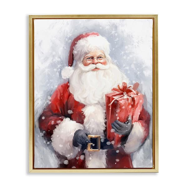 Stupell Industries Santa with Red Gift by Ramona Murdock 1-Piece Floater Frame Graphic Print People Poster Art Print 21 in. x 17 in.