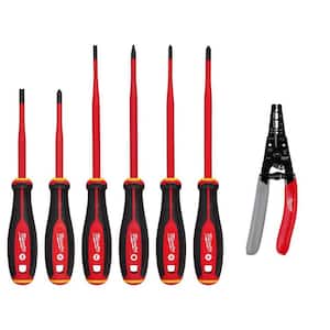 1000-Volt Insulated Slim Tip Screwdriver Set with 12-16 AWG NM Dipped Grip Wire Stripper and Cutter (7-Piece)