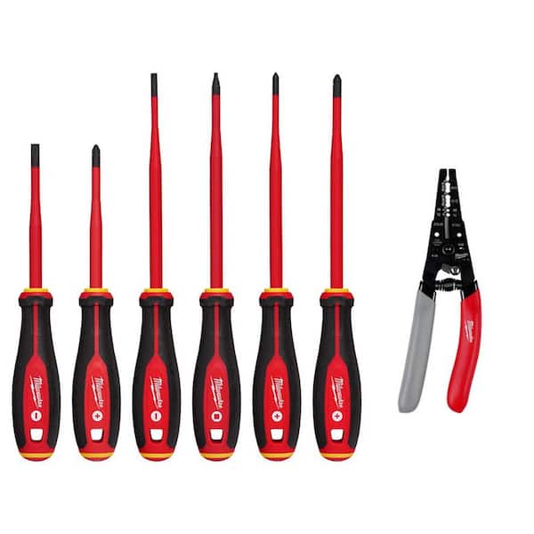 Milwaukee 1000-Volt Insulated Slim Tip Screwdriver Set with 12-16 AWG NM Dipped Grip Wire Stripper and Cutter (7-Piece)