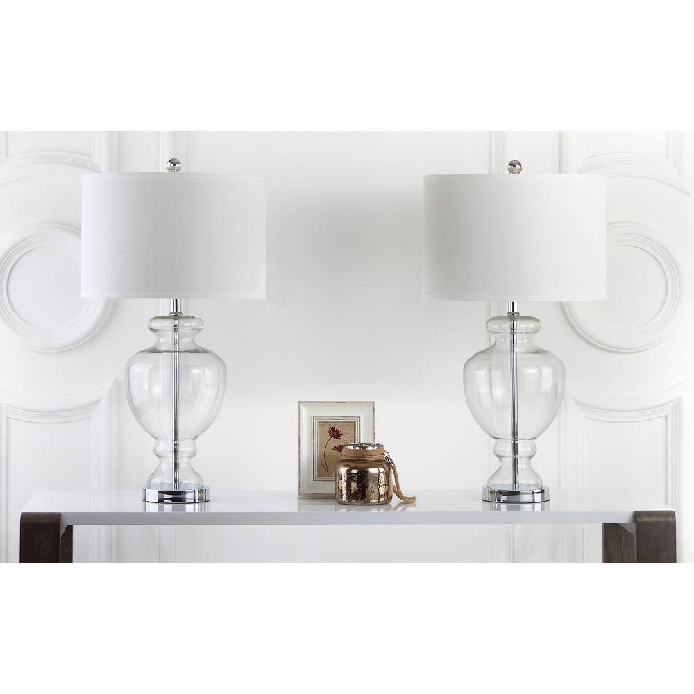 Clear Glass Table Lamp Set with Silver Fittings and Off-White Shade
