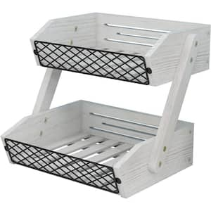 2-Tier Fruit Bowl Wooden Fruit Holder for Kitchen Countertop, Bread, Fruit, Vegetable Storage Basket Stand in White