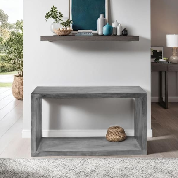 THE URBAN PORT Keli 52 in. Charcoal Gray Cube Wooden Console Table with Open Bottom Shelf