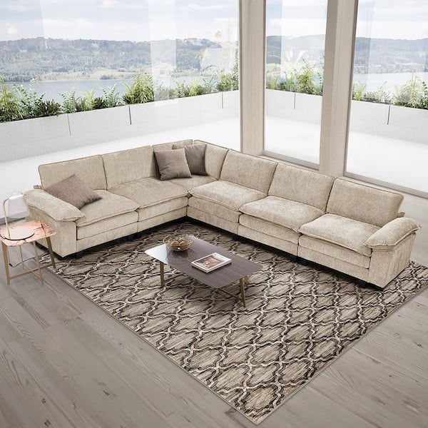 Lazzara Bennett 110.5 in. W Pillow Top Arm 6-Piece Chenille Modular Sectional Sofa in Taupe