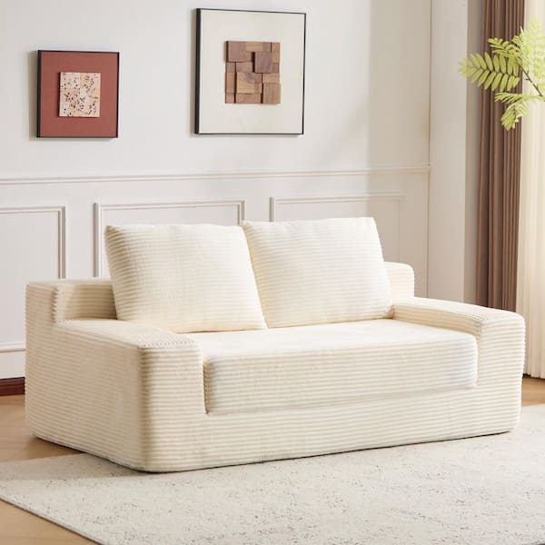 71.65 in. W Compressed Square Arm Corduroy Rectangle Loveseat Sofa with Cushion and Pillows in White, No Assembly