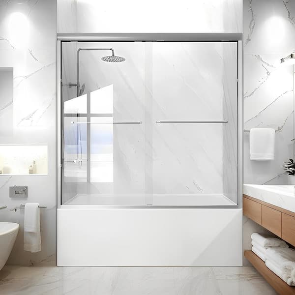 55-60 in. W x 60 in. H Sliding Semi-Frameless Tub Door in Brushed Nickel with Clear Glass