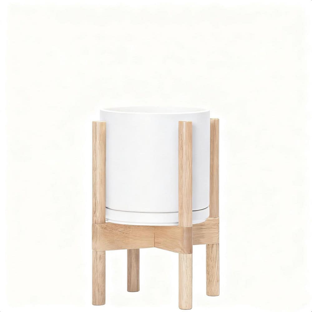 White Ceramic Round Flower Planter Pot with Wood Planter Holder (8 in. W x 8 in. H) for Garden Decor price history on PriceWatchPro