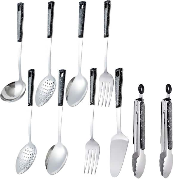 10-Piece Silver Stainless Steel Flatware Set (Service for 2), Include Soup Ladle, Cooking Spoon, Slotted Spoon, Fork