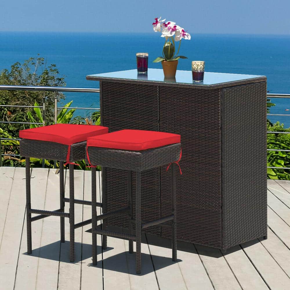 3-Piece Brown Rattan Wicker Bar Set with Red Cushions