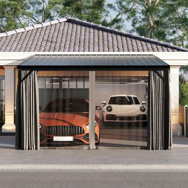 12 ft. W x 10 ft. D Black Aluminum Carport with Sloping Galvanized Steel Roof, Detachable Curtains and Netting