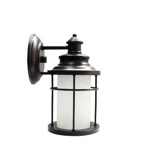 9 in. LED Antique Bronze Exterior Wall Lantern Sconce with Frosted Crackle Glass