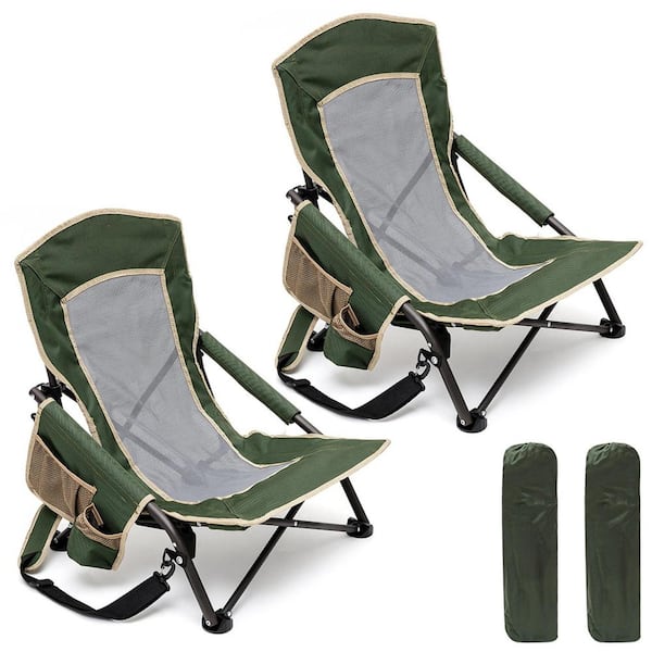 Mondawe 2-Piece Green Metal Patio Folding Beach Chair Lawn Chair Camping Chair with Side Pockets and Built-in Shoulder Strap